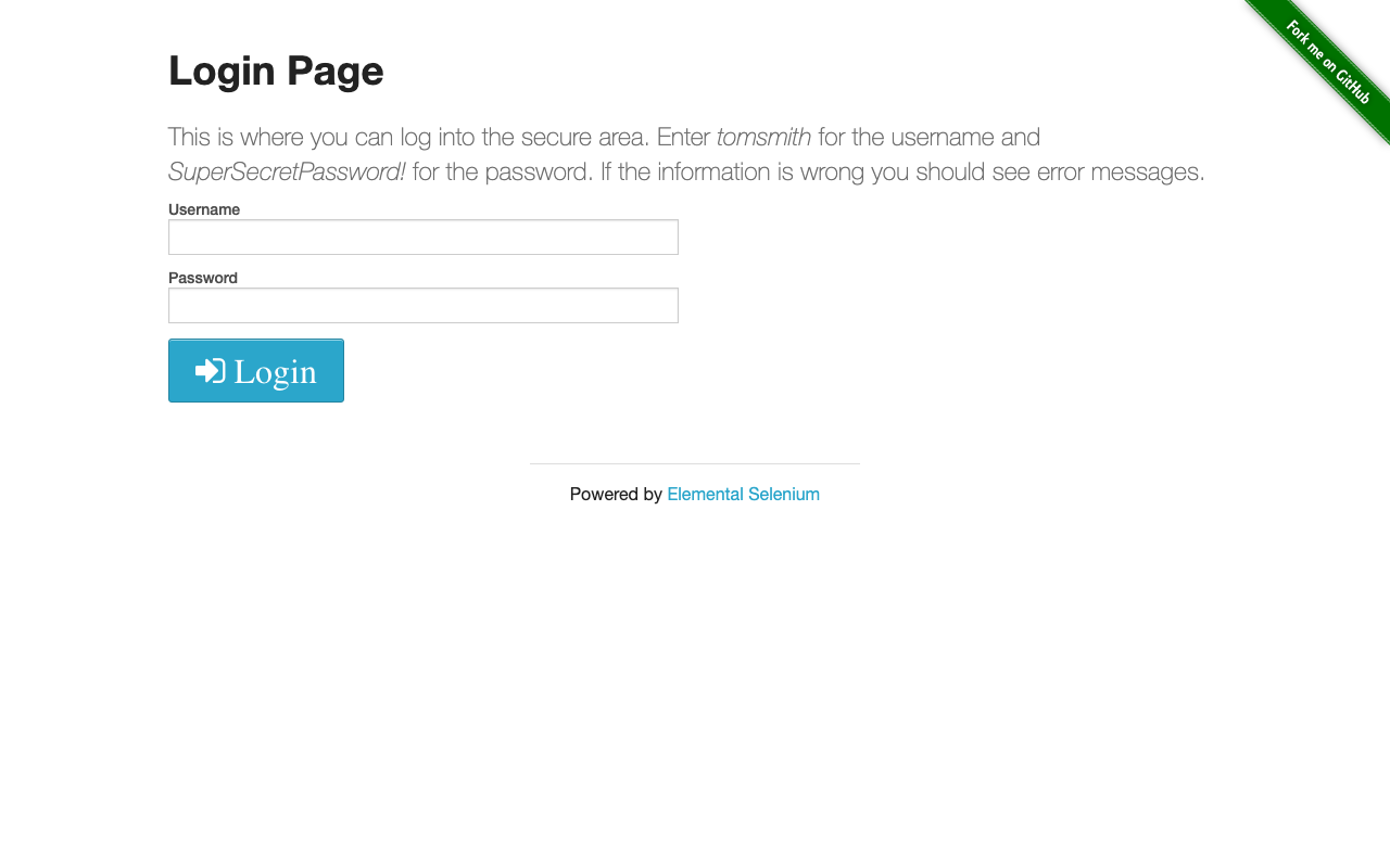 Screenshot of the the-internet.herokuapp.com login page as captured by Playwright before any action was taken. The page shows "Login Page" as the heading, a paragraph reading "You can log into the secure area by entering tomsmith for the username and SuperSecretPassword! for the password," and a form with Username and Password fields and a Login button.