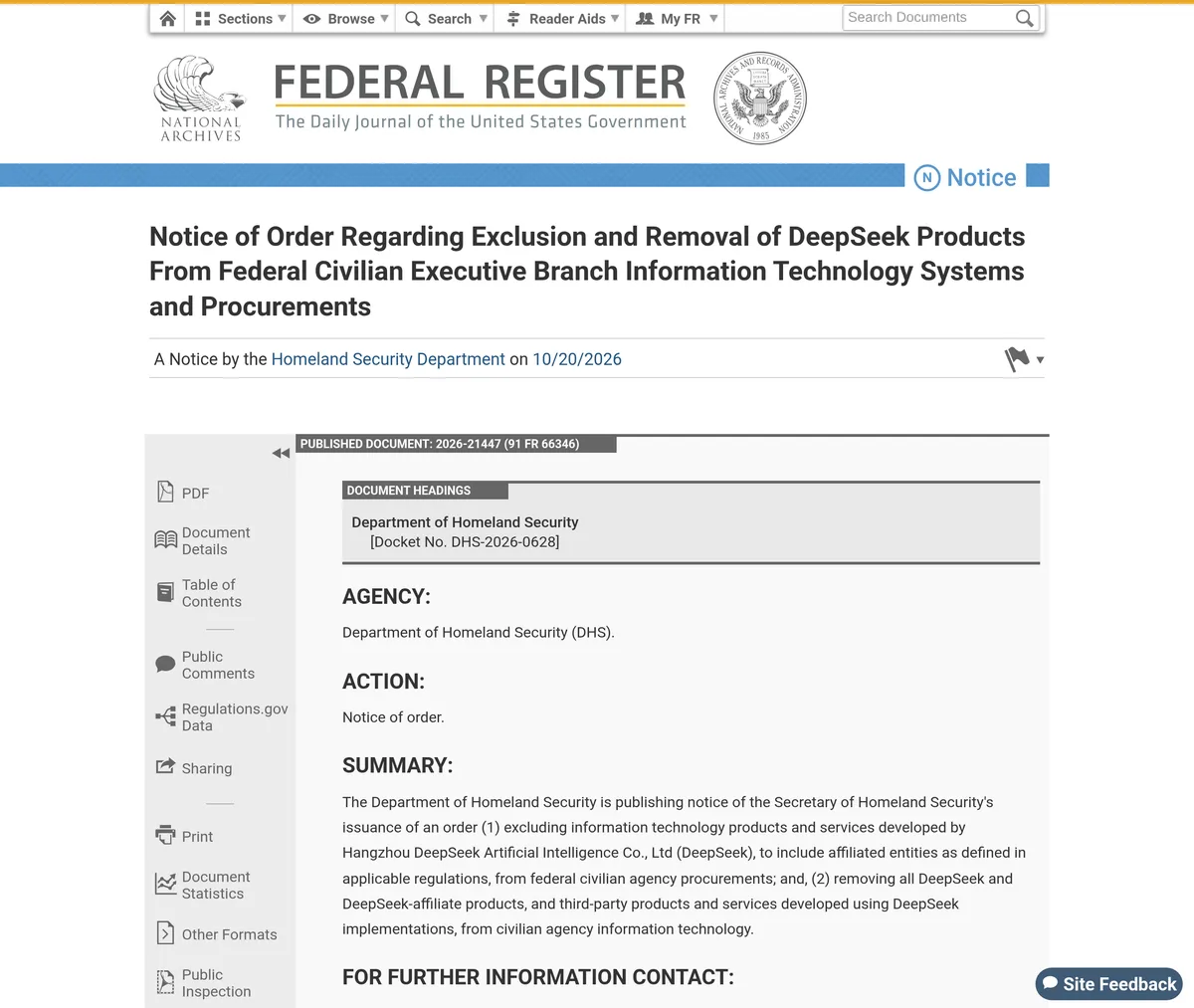 Federal Register notice 2026-21447 from the Department of Homeland Security, published October 20, 2026, ordering exclusion and removal of DeepSeek products from federal civilian executive branch IT systems and procurements