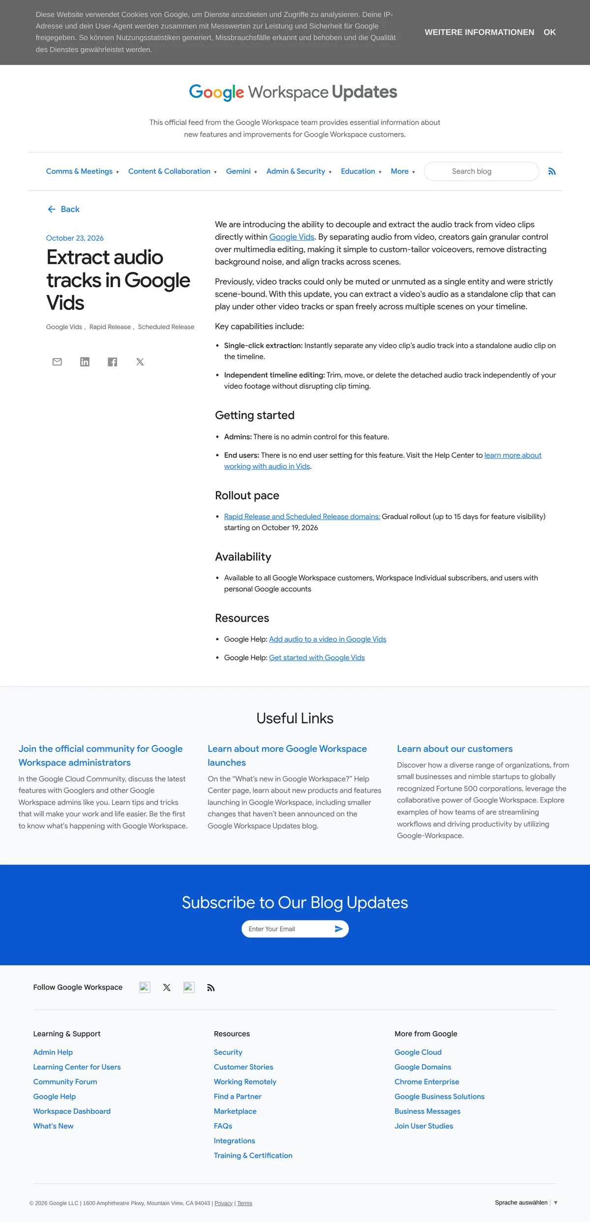Google Workspace Updates blog post announcing single-click audio-track extraction for video clips in Google Vids
