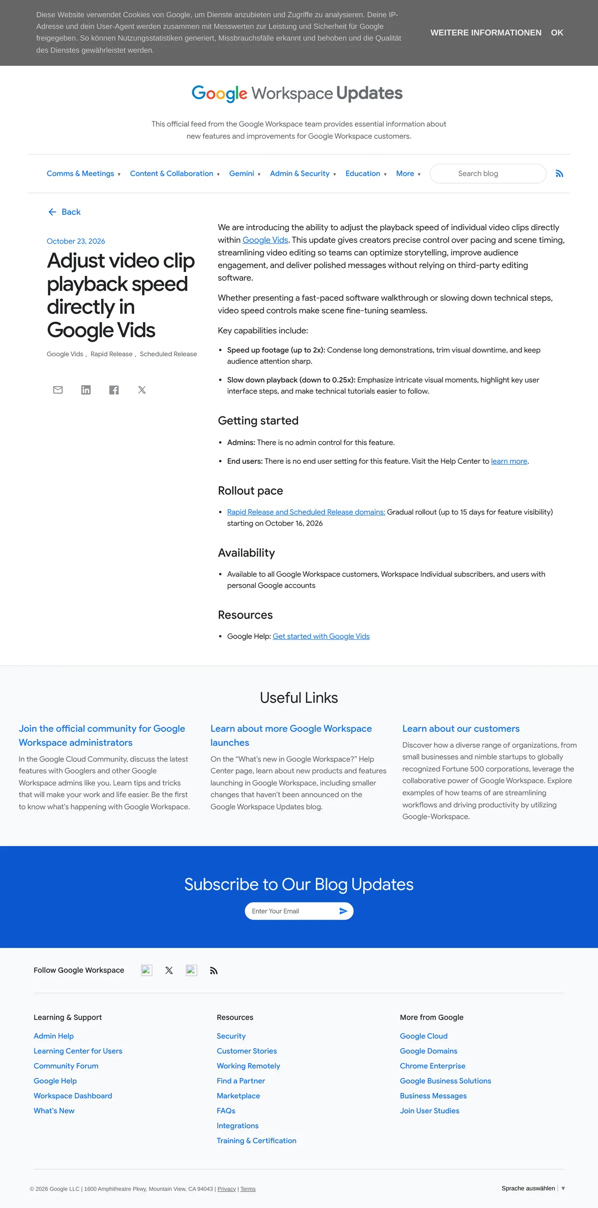 Google Workspace Updates blog post announcing per-clip playback speed control from 0.25x to 2x in Google Vids