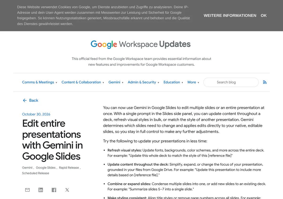 Google Workspace Updates blog post announcing whole-deck editing with Gemini in Google Slides, October 30, 2026, with example prompts and rollout details