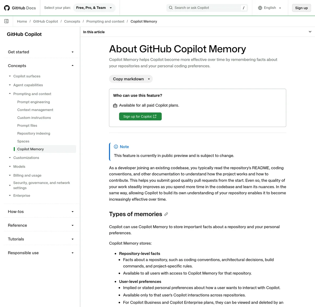 GitHub docs page About Copilot Memory describing repository-level facts and user-level preferences
