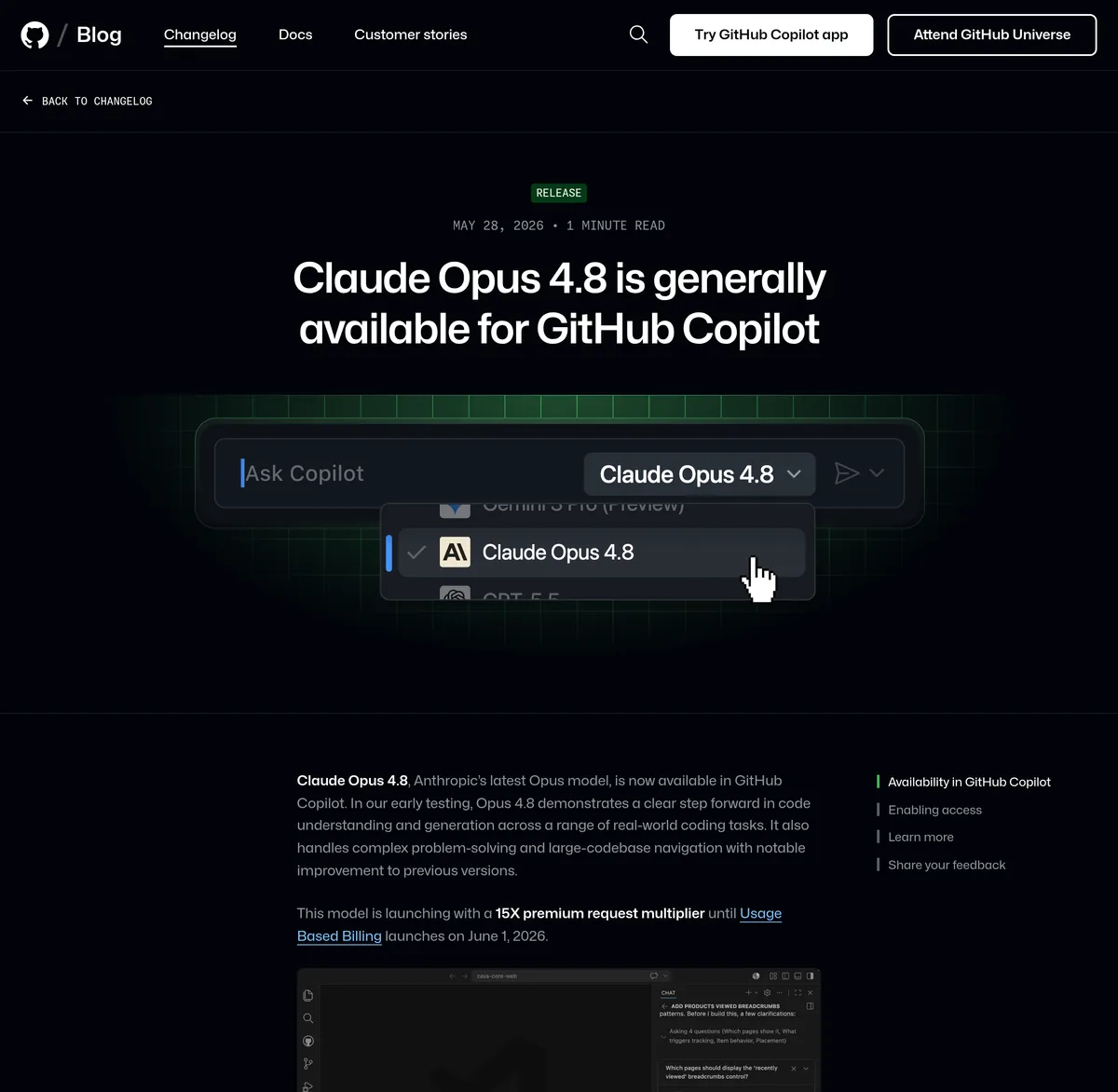 GitHub changelog, May 28, 2026, announcing Claude Opus 4.8 general availability in GitHub Copilot with a 15X premium request multiplier