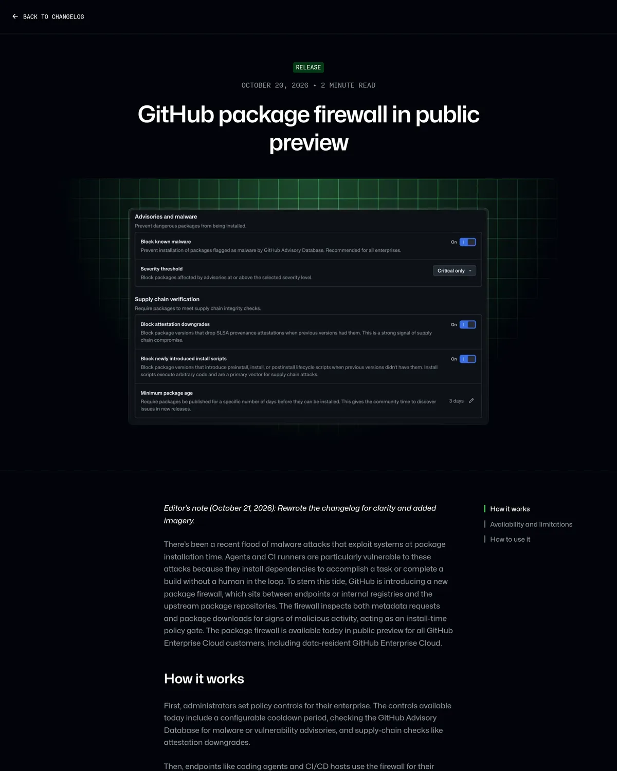 GitHub changelog announcing the package firewall public preview on October 20, 2026, free for GitHub Enterprise Cloud customers, npm only