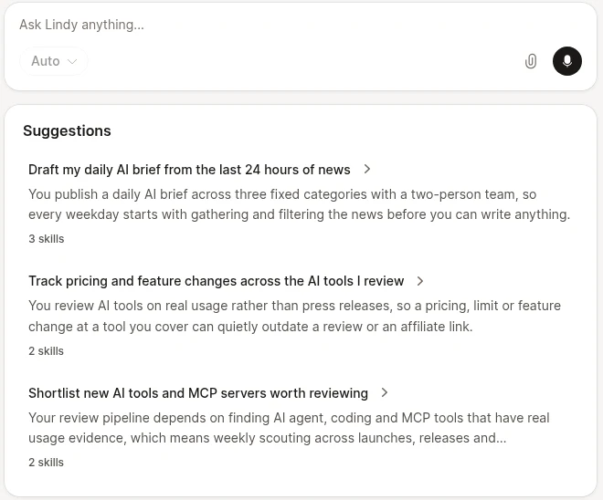 Lindy Home with the Ask Lindy anything box and three suggestions: Draft my daily AI brief from the last 24 hours of news, Track pricing and feature changes across the AI tools I review, and Shortlist new AI tools and MCP servers worth reviewing.