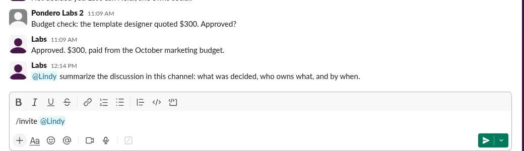 Slack message box in #newsletter-relaunch with "/invite @Lindy" typed under an earlier @Lindy summary request that got no answer.