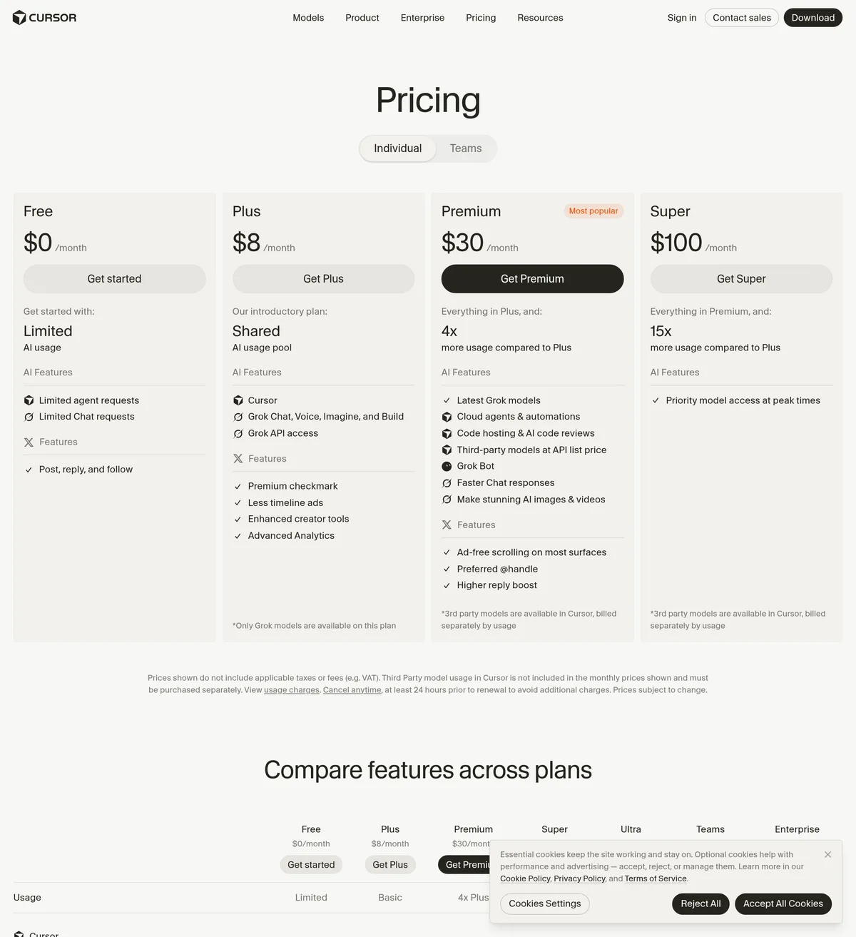Cursor pricing page showing plan tiers and prices