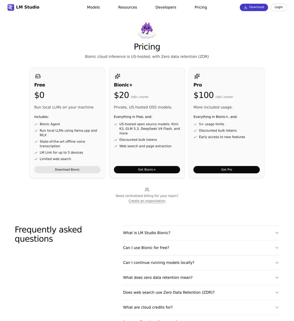 LM Studio pricing page showing Free ($0), Bionic+ ($20/month), and Pro ($100/month) tiers