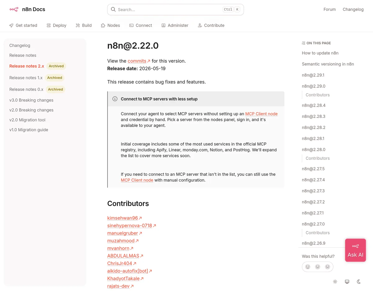 n8n archived release notes showing the 2.22.0 entry: Connect to MCP servers with less setup